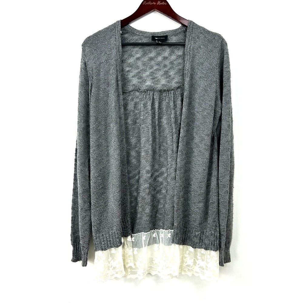 AB Studio Women Gray Open Front Lace Trimmed‎ Knit Cardigan Sweater Sz L 1041T4